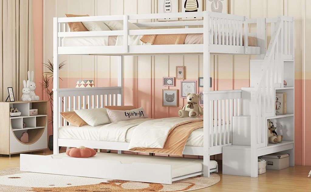 Hochbett mit ausziehbarer Schlaffunktion & Treppenregal, hohe Sicherheit nach EN747-1, praktisch,140x200cm,weiß