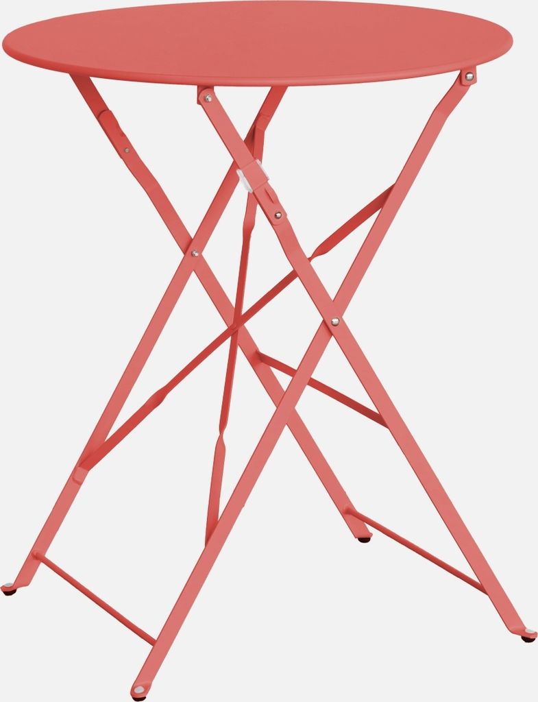 A coral-colored folding bistro table.
