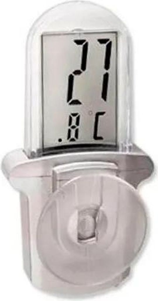 A digital thermometer with a suction cup mount.