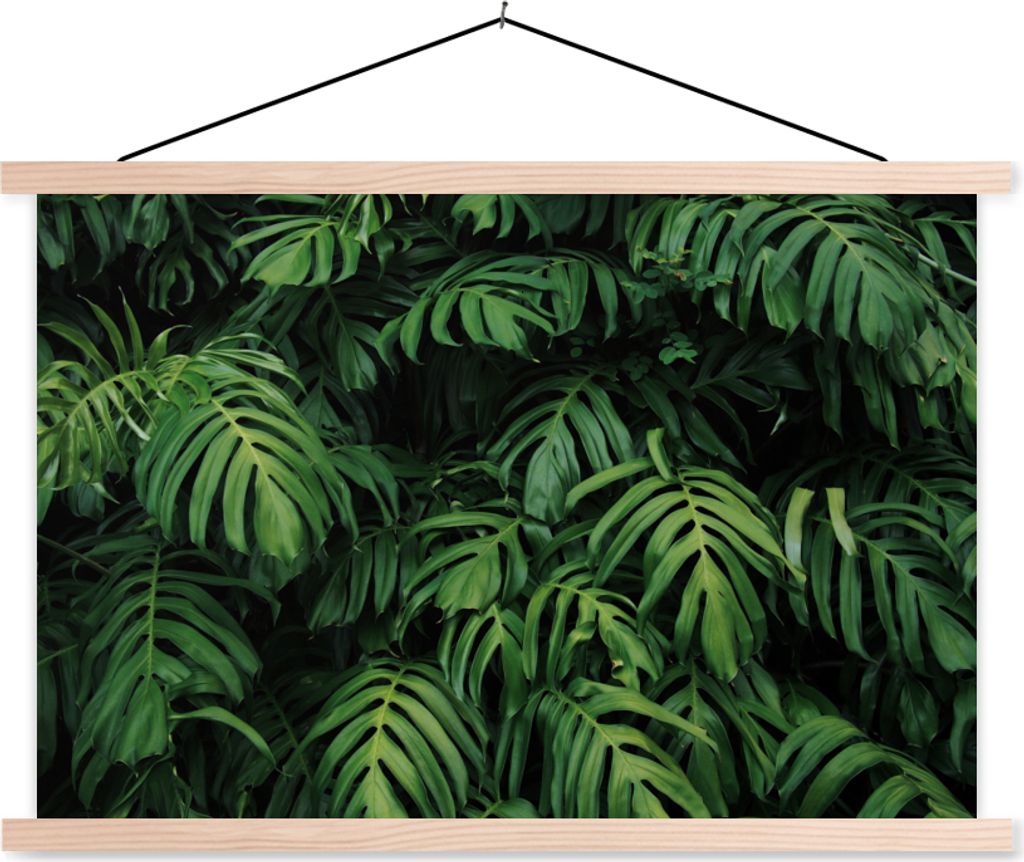 MuchoWow Textilposter Blätter - Monstera - Abstrakt - Mädchen - Kinder - Jungen 120x80 cm mit holzfarbenen Rahmen - Aufhängeset