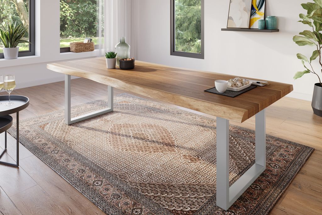 Esstisch 280 x 100 cm Akazie massiv natur Baumkantentisch U-Gestell silber ATLAS