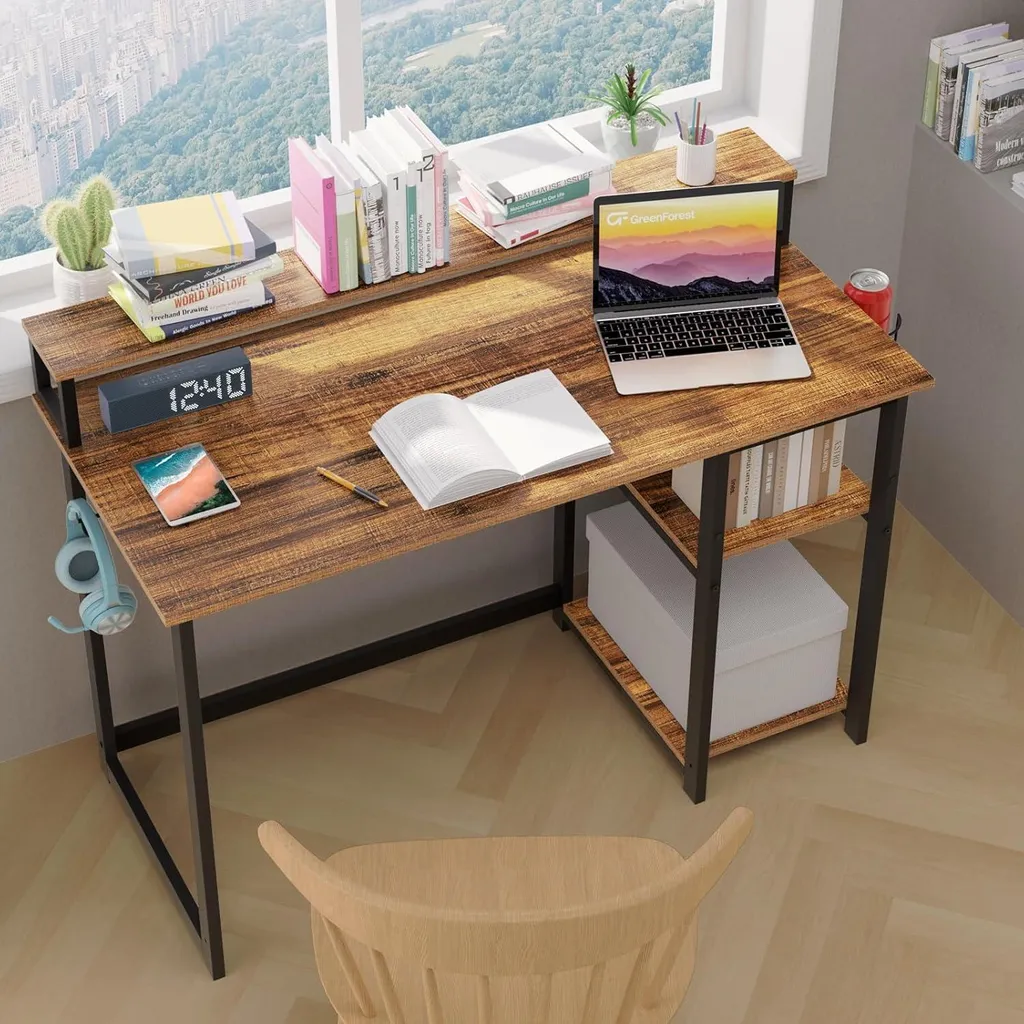 Table de bureau marron 100cm avec rangements et support d'écran intégré - 7