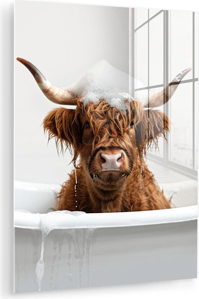 MuchoWow Glasbilder - Bilder auf Wandbild - Foto auf Glas Schottisches Hochlandrind - Bad - Kuh - Tiere - Schaumstoff 30x40 cm Wanddekoration aus G...