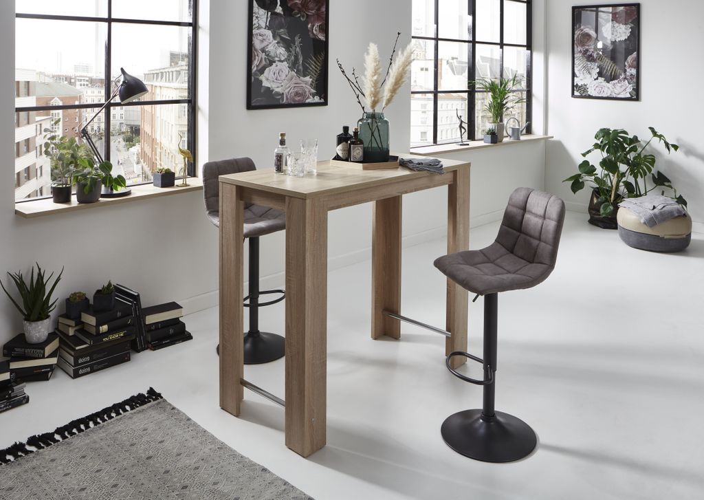 3tlg. Bartisch-Gruppe Yvonne - Tisch Nachbildung Sonoma Eiche - Hocker Grau höhenverstellbar