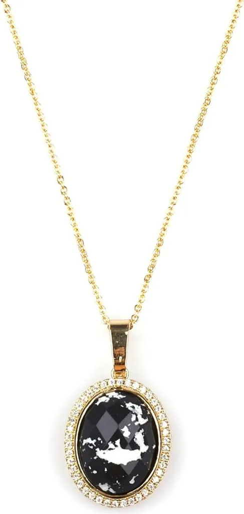 Pendentif jaspe noir naturel et finition dorée, chaîne fine de 45 cm