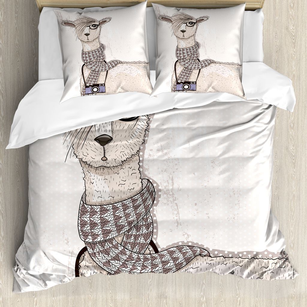 ABAKUHAUS Teen Zimmer Bettbezug, Hipster Lama Kamera, Milbensicher Allergiker geeignet mit Kissenbezügen, 155 cm x 220 cm - 80 x 80 cm, beige Tan