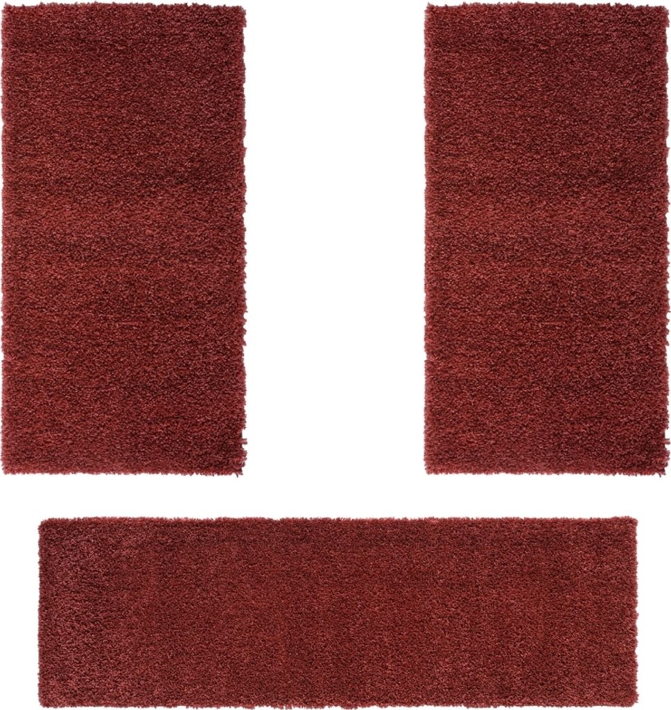 MY-RUG Shaggy Star Bettumrandung Hochflor 3 teilig, Läufer, Schlafzimmer, rot, 250x80