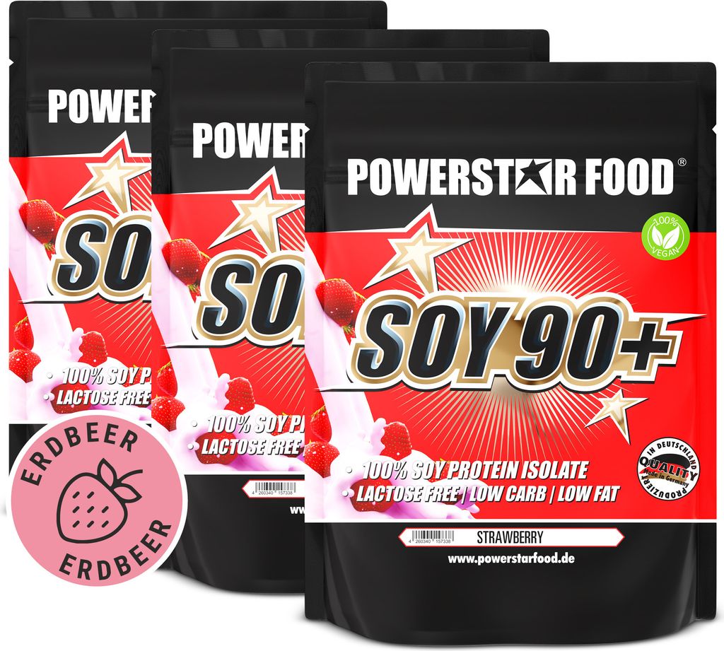 Powerstar SOY 90+ | 3x1kg Soja-Protein-Isolat | Gentechnisch unverändert & GMO-frei | Veganes Eiweiß-Pulver zum Muskelaufbau | Strawberry