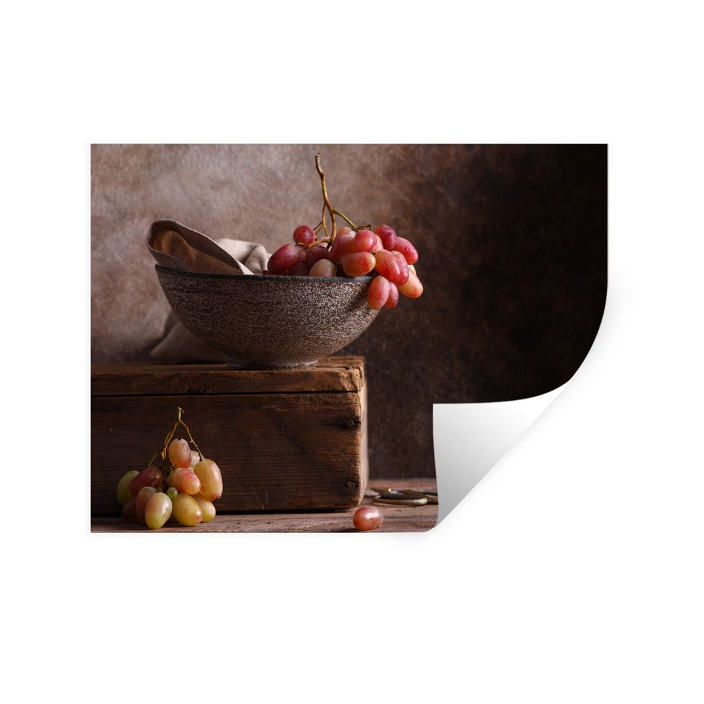 MuchoWow Wandtattoo Wandsticker Wandaufkleber Rustikal - Weintrauben - Schale - Stilleben - Obst 160x120 cm Selbstklebend und Repositionierbar - ...