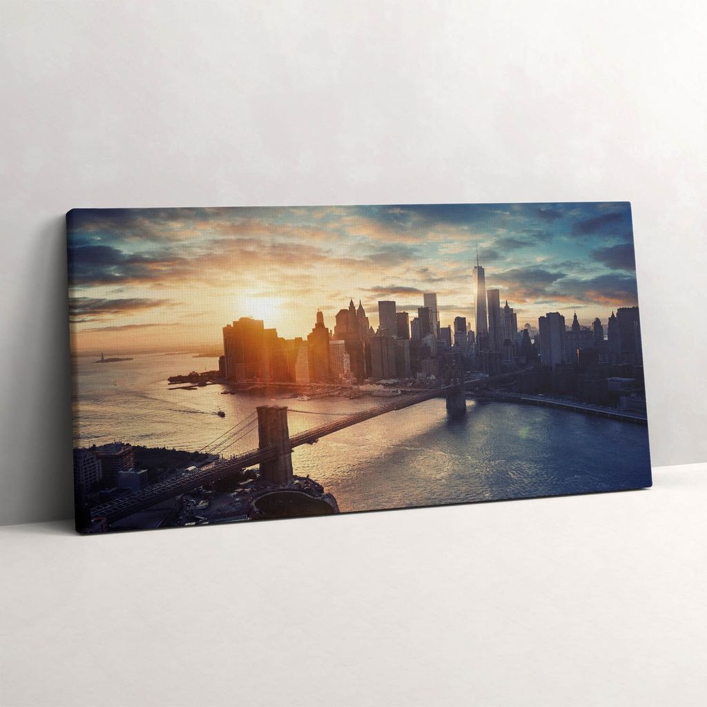 New York Manhattan und Sonnenuntergang – Leinwandbild Wandbild – 140x70 cm – Leinwandbilder – Wandbilder – Schlafzimmer – Flur