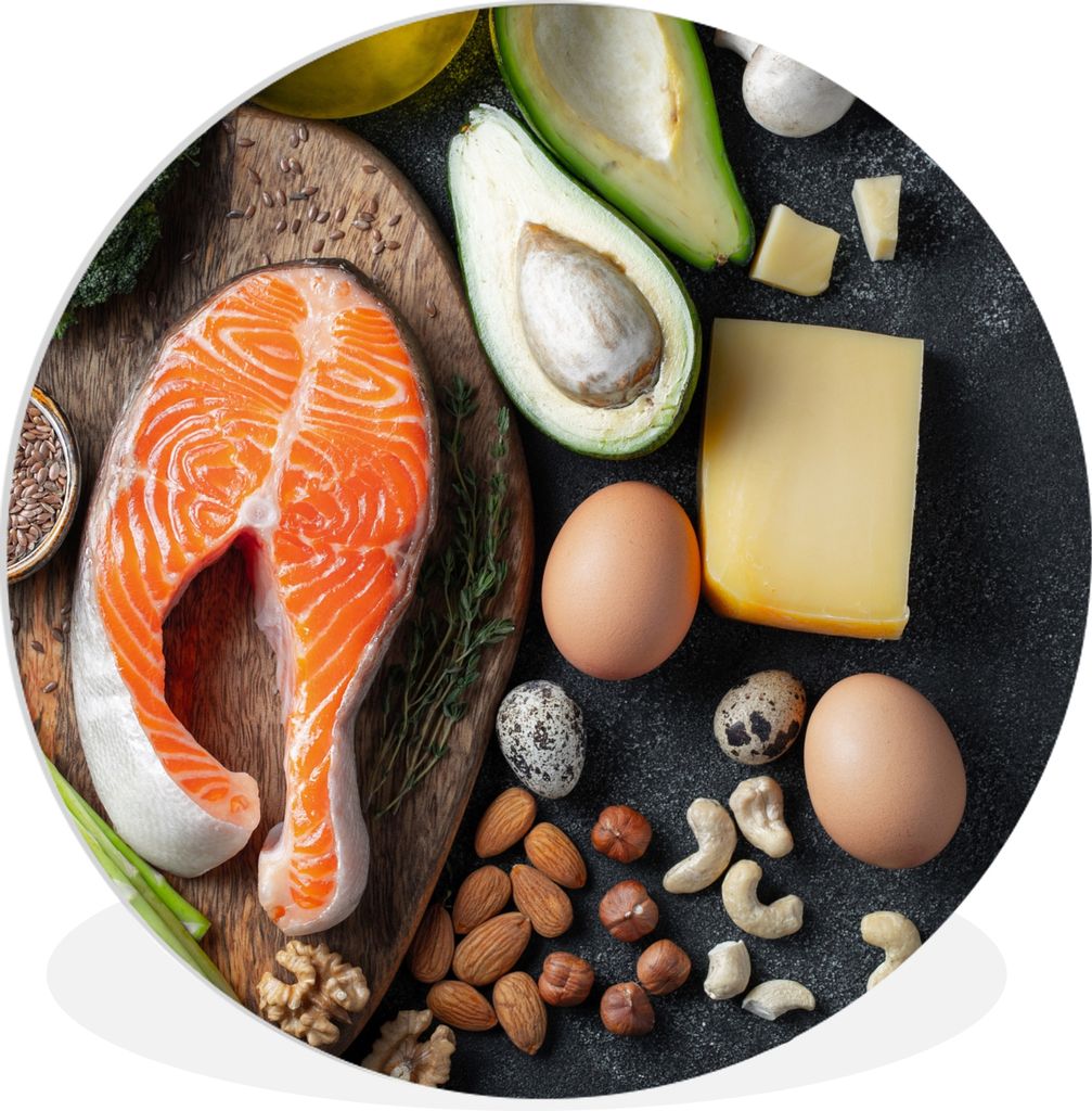 MuchoWow Rundes Wandbild - Runde Bilder Fleisch - Eier - Obst - Käse - Kräuter Ø 90 cm Kreis Wanddekoration Kunststoff - Wandkreis - Wandschmu...