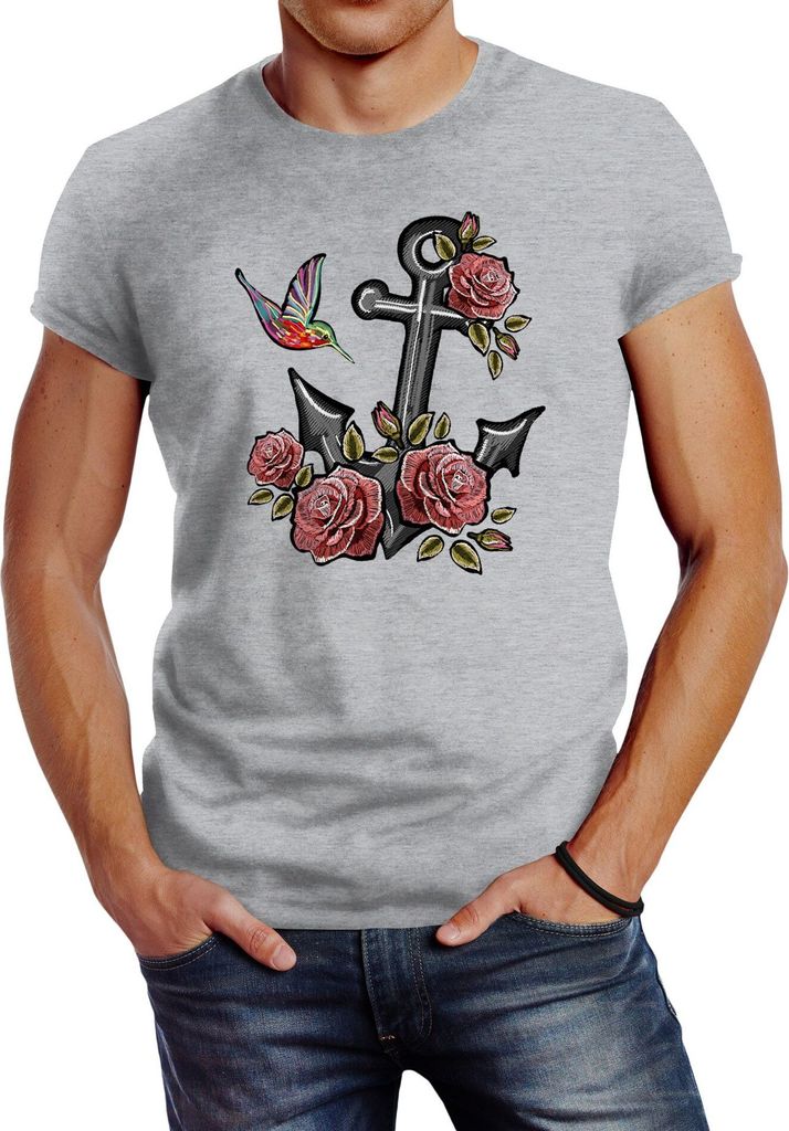 Herren T-Shirt Anker Rosen Patch Tropical Anchor Stick-Optik Slim Fit Neverless grau 3XL
