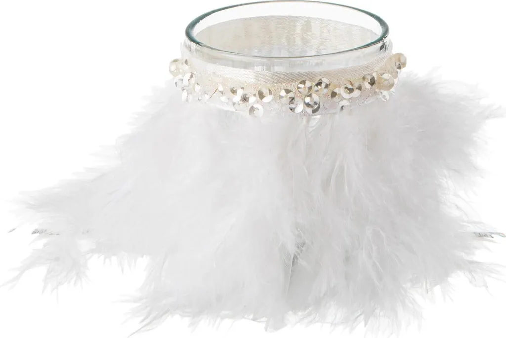 J-Line Bougeoir Plumes Blanc en Verre Transparent Small Ø 6 cm Chic