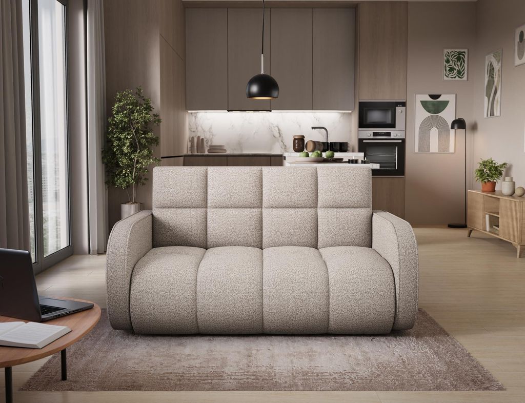 Krudox DEVER 2-Sitzer Sofa 154x83x103 cm - Hellbeige Schlafsofa mit Bettkasten - Sofa mit Schlaffunktion 131x203 cm - Stoff Royal 18