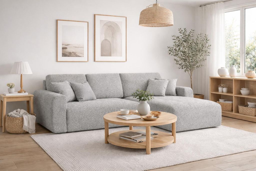 Kaiser Möbel Ecksofa mit Schlaffunktion und Bettkasten L-Form Ivo L, Chenille-Stoff Artico, Cement, Rechts
