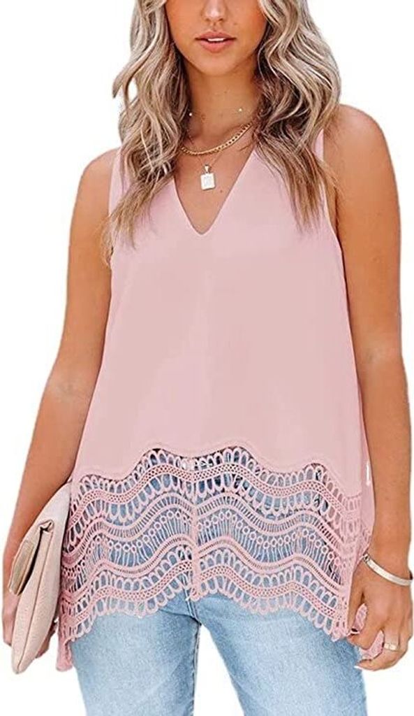 ASKSA Damen Ärmellose Bluse Tank Top V-Ausschnitt Chiffon Spitzensaum Loose Shirts Oberteil, Rosa, M
