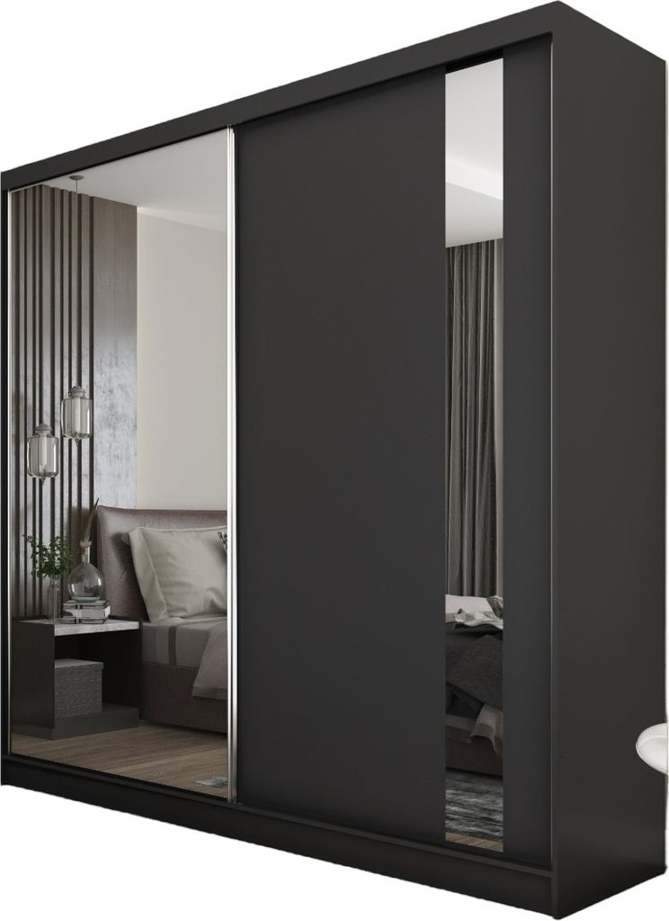 A black sliding door wardrobe with mirrored doors, reflecting a bedroom interior.