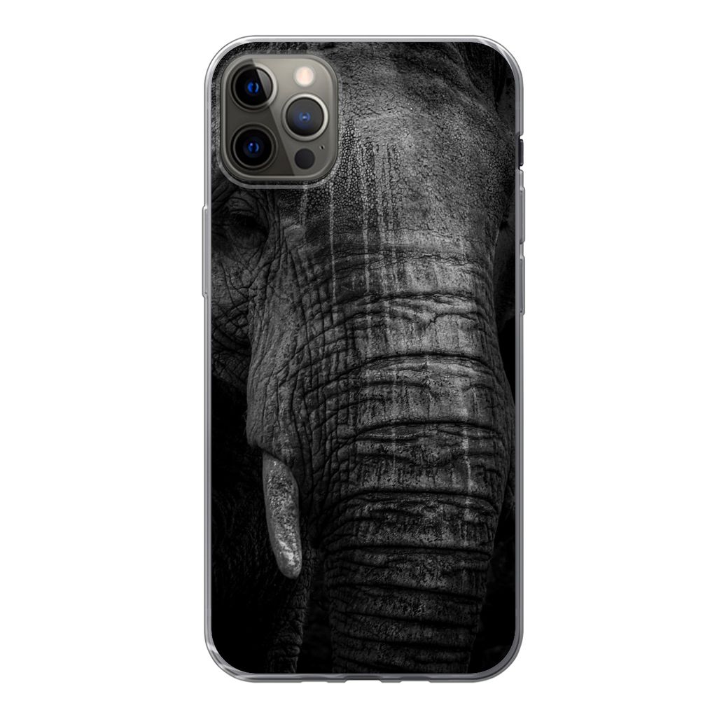 MuchoWow Handyhülle Schutzhülle Hülle für iPhone 12 Pro Max Elefant auf schwarzem Hintergrund in schwarz und weiß Silikon Softcase Handy Hü...