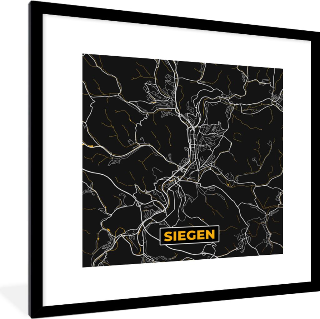 MuchoWow Gerahmtes Poster Siegen - Stadtplan - Karte - Gold - Deutschland 40x40 cm - Poster mit Schwarzem Bilderrahmen Wandposter Rahmen Foto Bil...