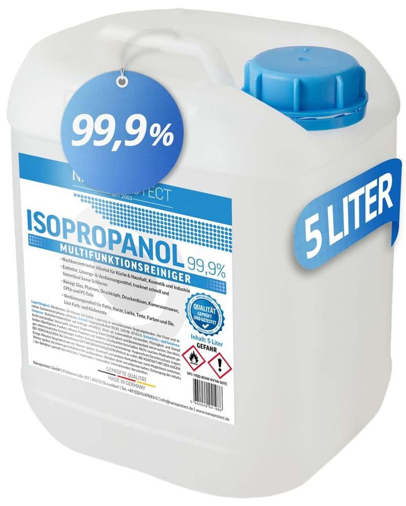 Nanoprotect Isopropanol 99,9% | 5 Liter Reiniger | Hochprozentiger Isopropylalkohol | IPA Reinigungsalkohol für Haushalt und Elektronik