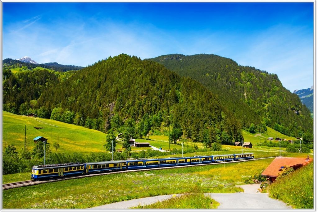 Wallario Wandbild Eisenbahn in einer Sommerlandschaft in der Schweiz, Größe: 61 x 91,50 cm, Poster mit weißem Aluminiumrahmen