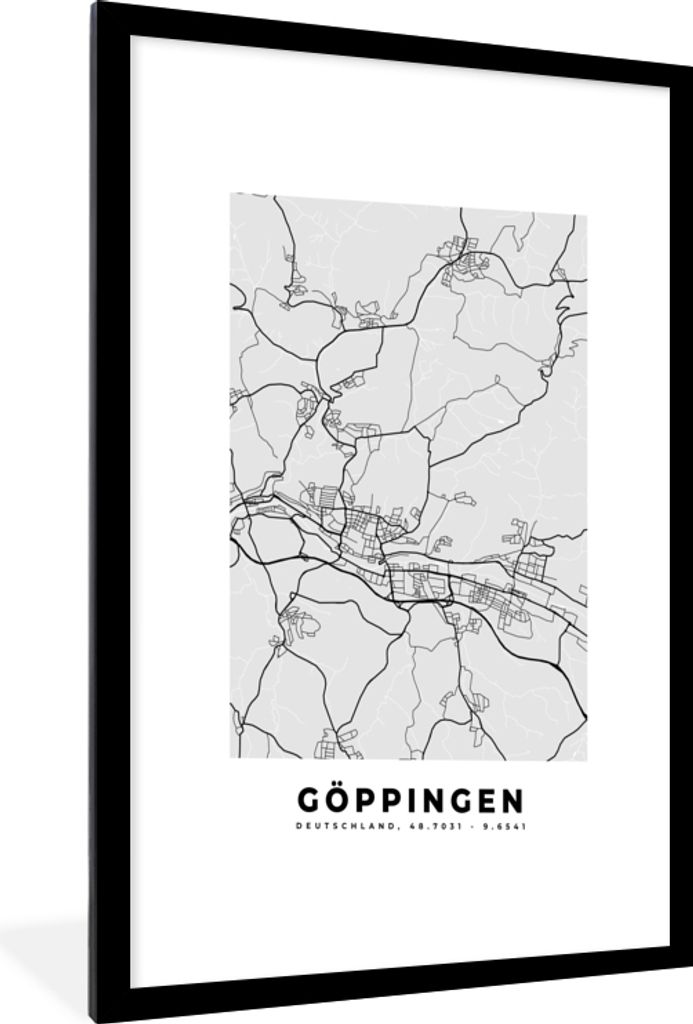MuchoWow Gerahmtes Poster Göppingen - Karte - Stadtplan - Deutschland 60x90 cm - Poster mit Schwarzem Bilderrahmen Wandposter Rahmen Foto Bilder...