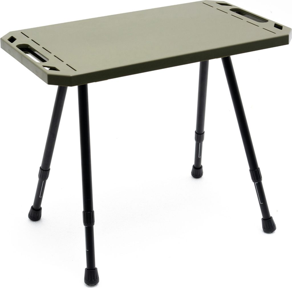 A dark green folding table with black adjustable legs on a white background.