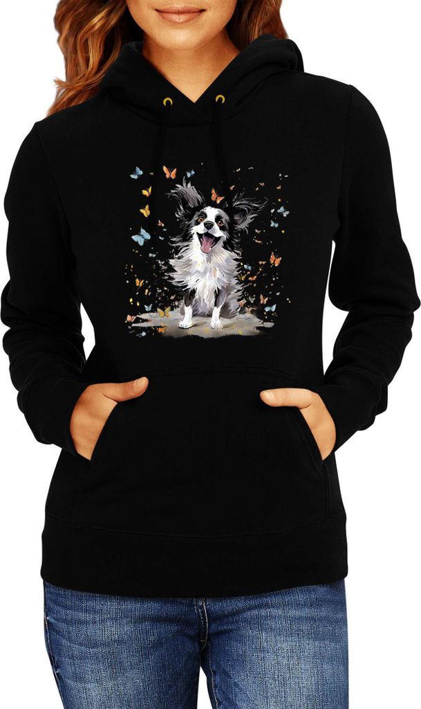 Damen Kapuzenpullover Funny Dogs Breeds Papillon Dog Breed, Lady M / Schwarz