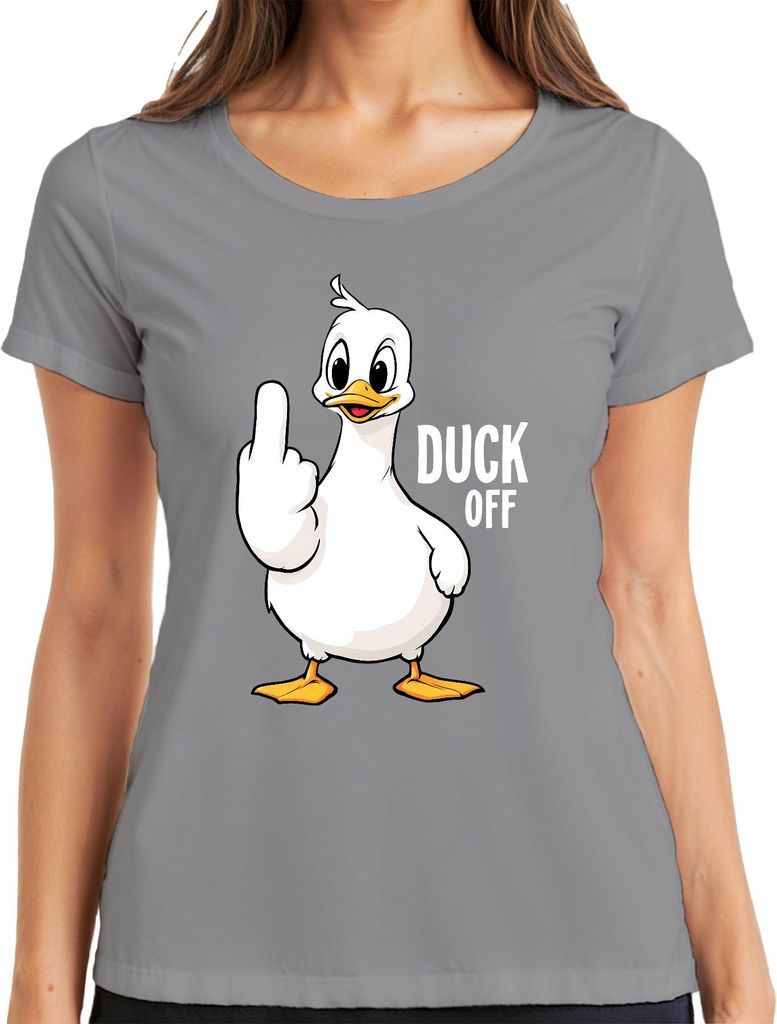 DUCK OFF Lustige Ente Mittelfinger Frech Sarkastisch Statement Damen T-Shirt, Grau, S
