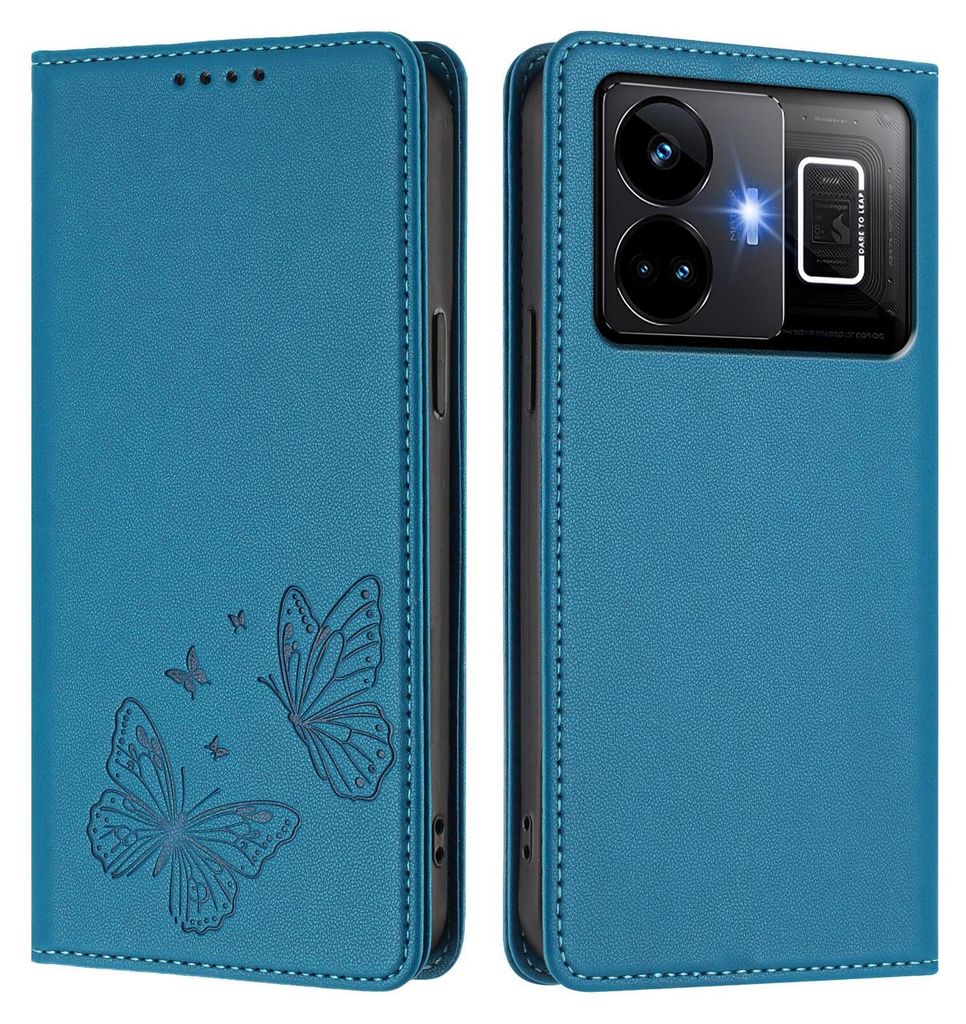 Lederhülle für Realme GT3 5G, Schmetterling Prägung Leder Brieftasche Schutzhülle mit Ständer Blau
