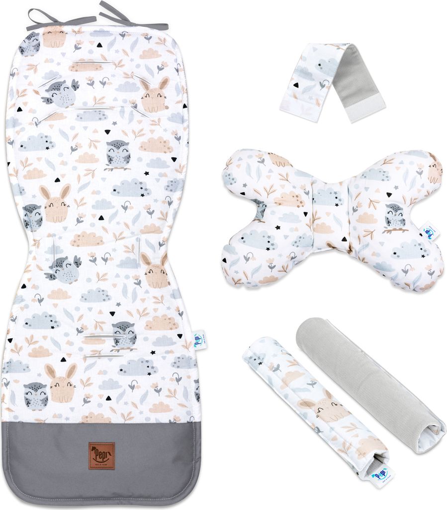 Pepi Doppelseitige Sitzauflage für Kinderwagen mit Samt - 5er Set Sitzeinlage Sitzbezug für Buggy Babyschale Forest Friends