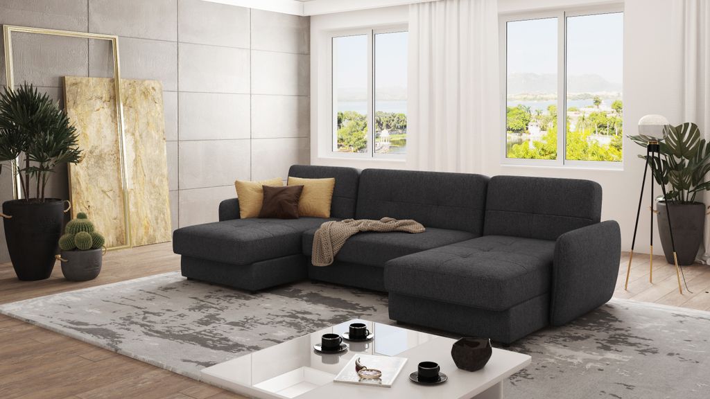S-STYLE MÖBEL - Lento Wohnlandschaft mit Schlaffunktion und Bettkasten aus Graphit Luxusmicrofaser, B/T/H: 311 cm/ 147 cm/ 83 cm