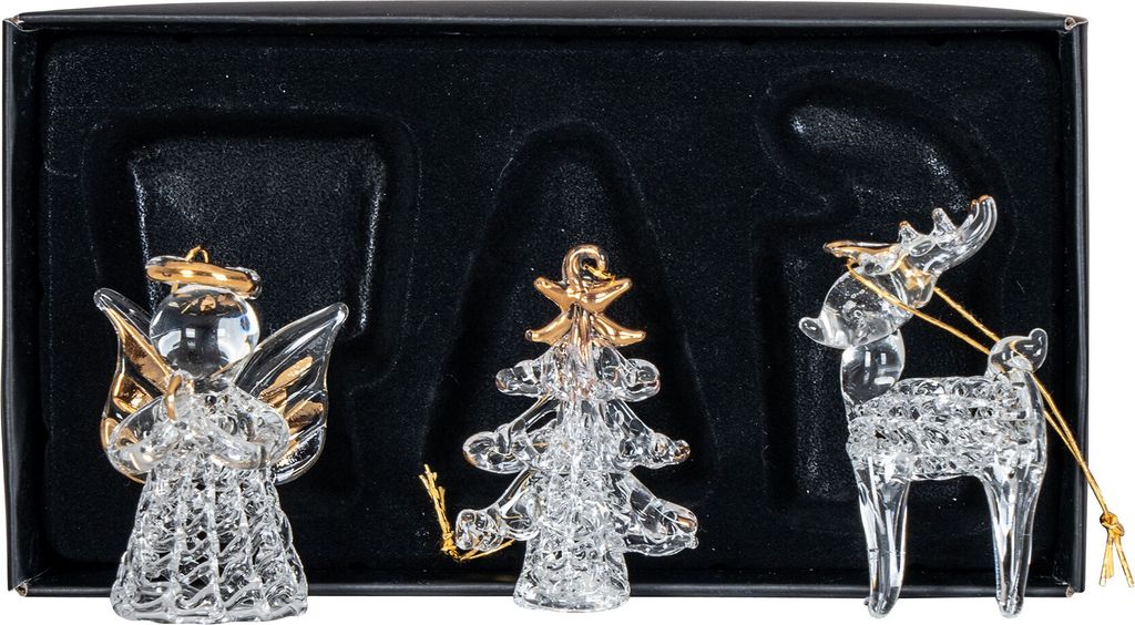 3er Set Deko-Anhänger Engel Rentier Baum Glas Baumschmuck Produktbild 