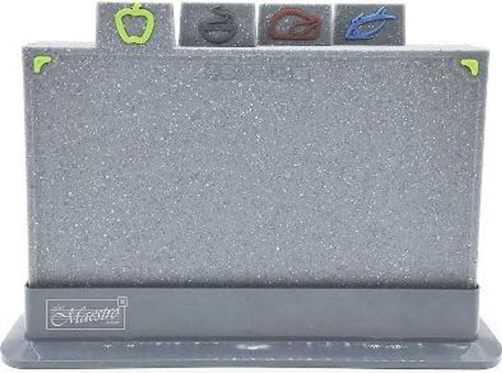 A knife block set with four different colored icons on top.