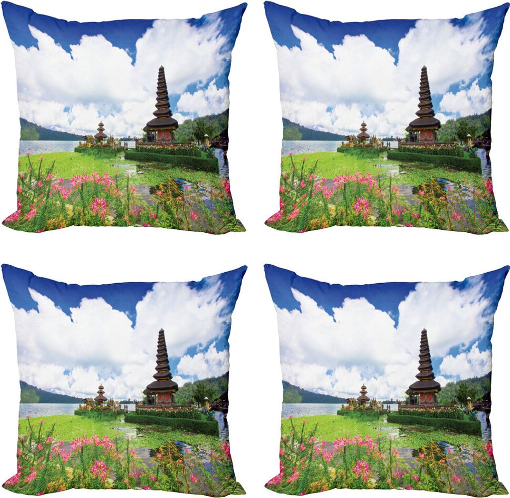 ABAKUHAUS Balinese Kissenbezug Set (4 Stück), Bali Tropic Blumen Sea, Moderner Doppelseitiger Digitaldruck, 50 cm x 50 cm, Grün, Rosa, Blau
