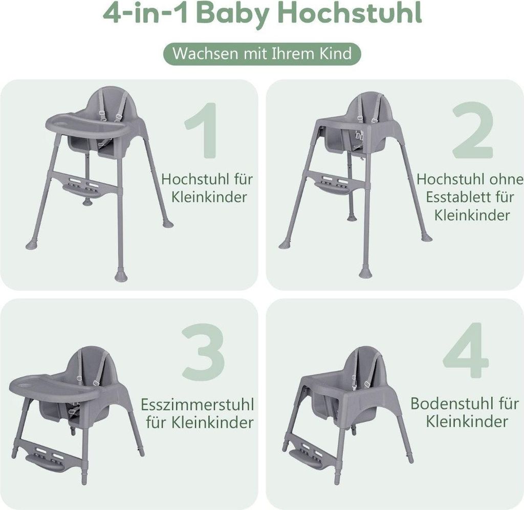4 in 1 Hochstuhl Baby Kinderhochstuhl mit abnehmbaren Tablett Babyhochstuhl Grau