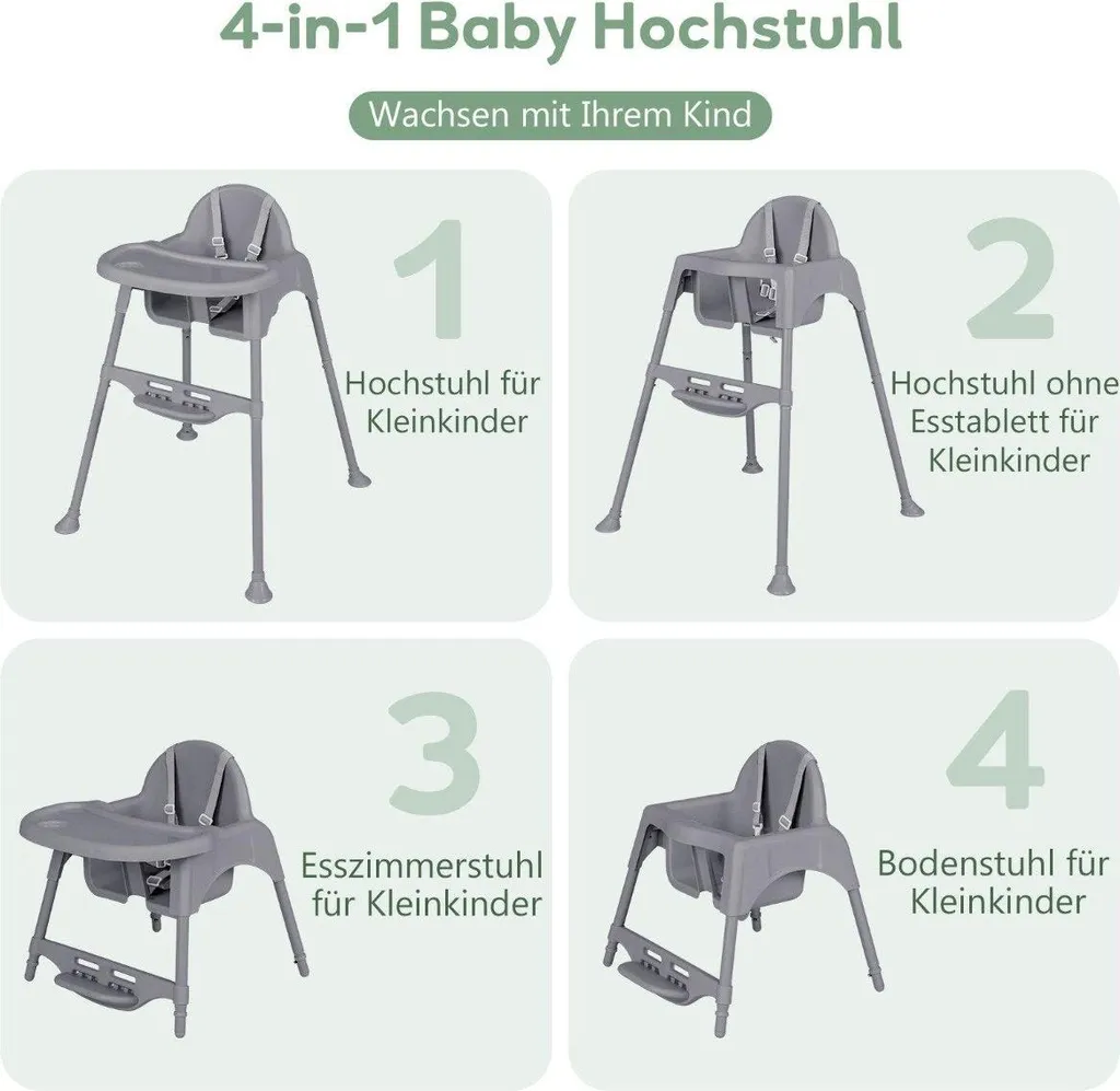 Chaise haute bébé grise 4 en 1 idéale pour les repas et le jeu quotidien