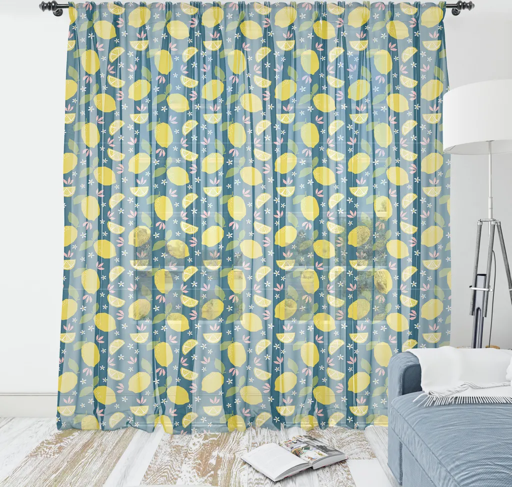 Tapisserie ABAKUHAUS Motif Citrons et Fleurs en Satin Bleu et Jaune