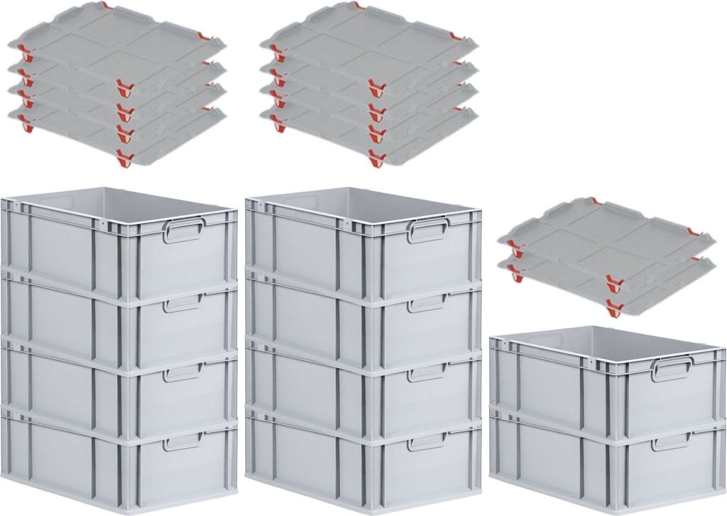SparSet 10x Eurobox NextGen Grip mit Auflagedeckel inkl. 4 roten Schiebeschnappverschlüssen | HxBxT 22x40x60cm | 44 Liter | Grau | Griffe geschlos...
