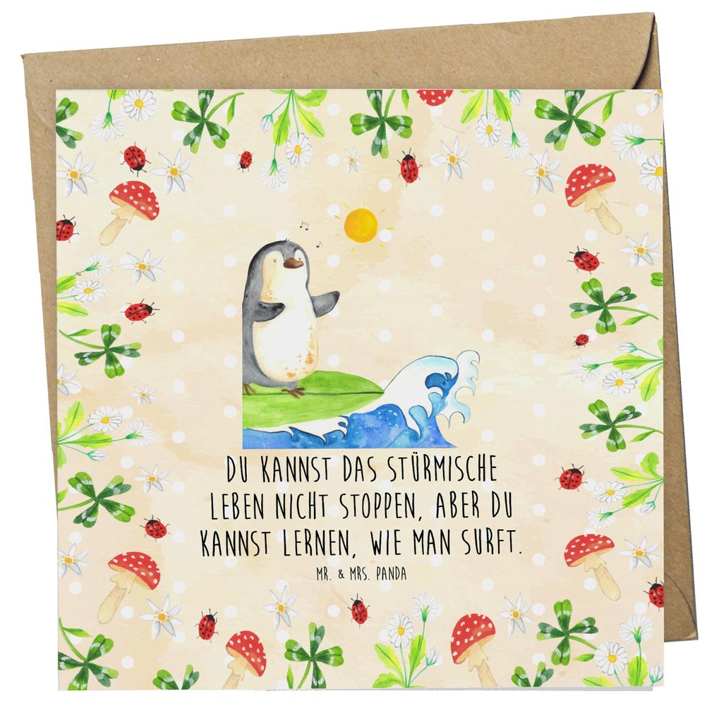 Mr. & Mrs. Panda Grußkarte Pinguin Surfer - Naturpapier - Geschenk, faltkarte, Klappkarte, Lebensweisheit, Portugal, Glückwunschkarte, Optimistis...