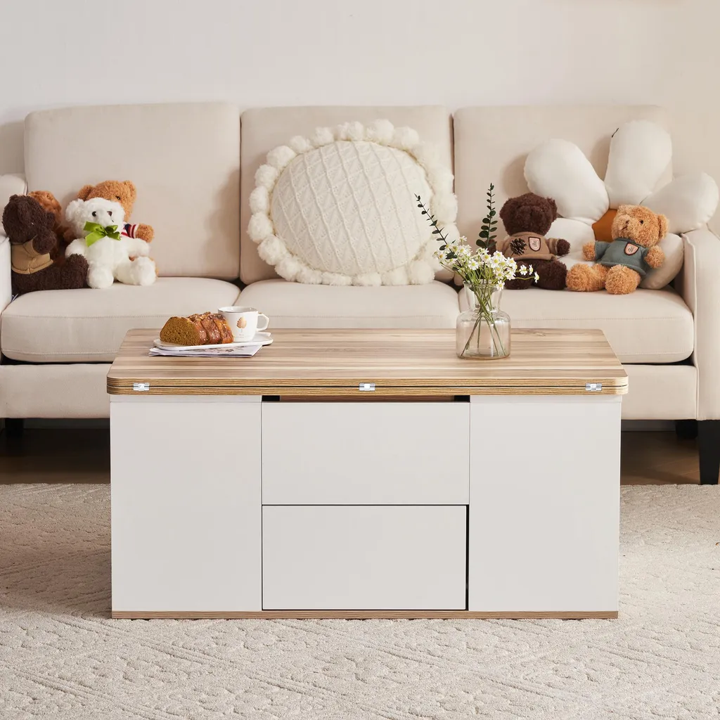Table Basse Transformable à Double Plateau et Rangement 2 Tiroirs Intégrés - 5