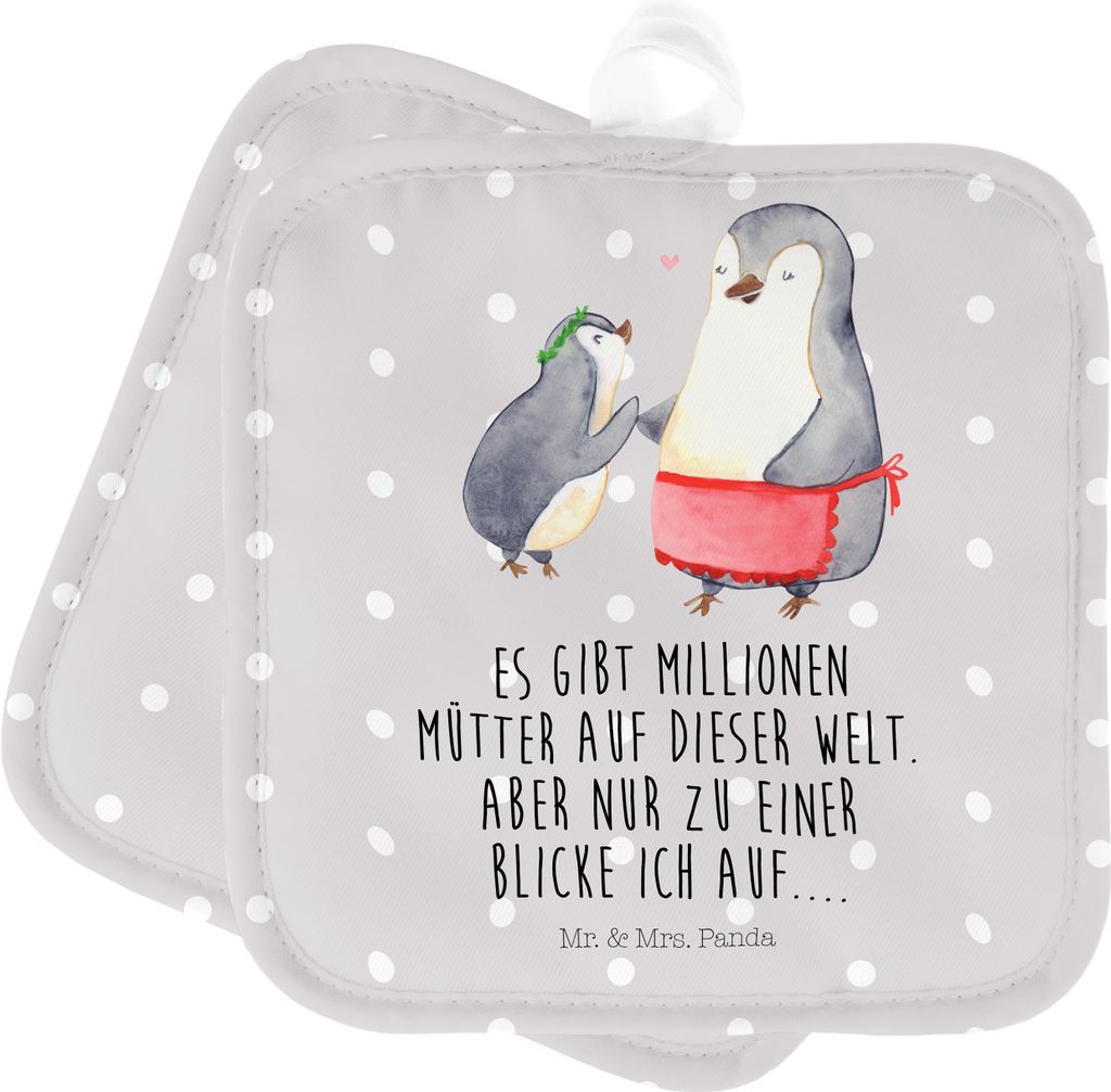 Mr. & Mrs. Panda Topfuntersetzer Pinguin mit Kind - Grau Pastell - Geschenk, Familie, Ofenlappen, Topflappen Set, Muttertag, topfhalter, Kochlappen...