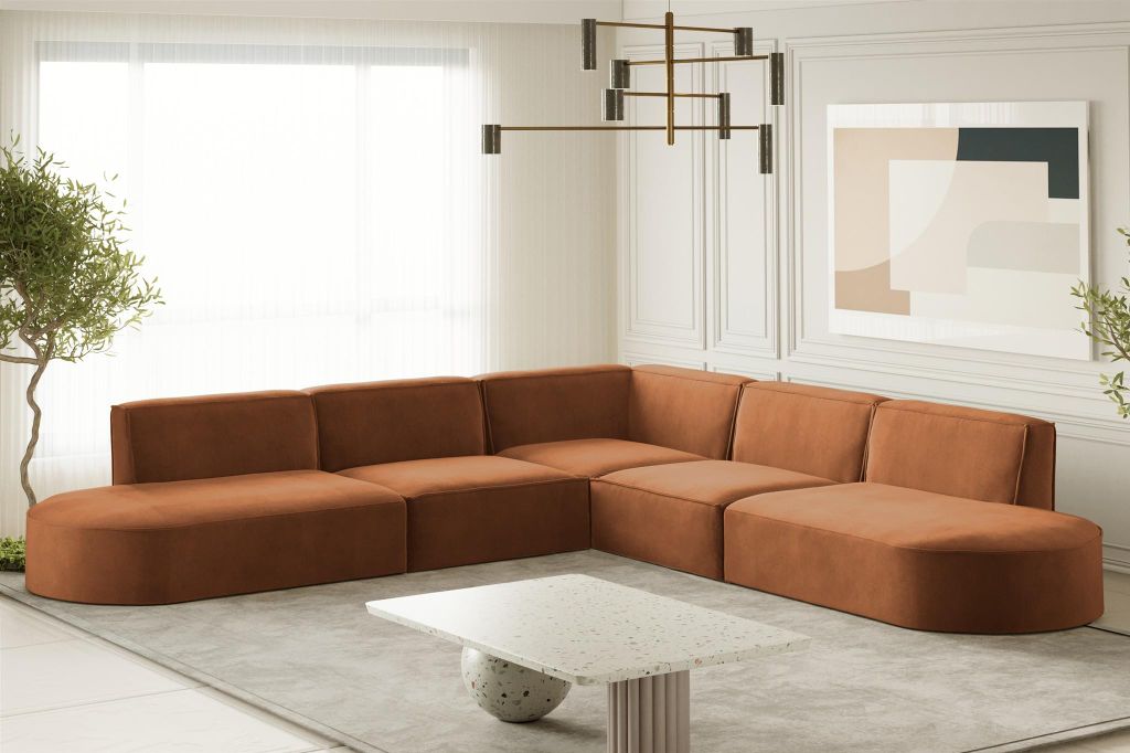 Ecksofa Designersofa PALMA in Stoff Noel Ziegelrot Seite Universal