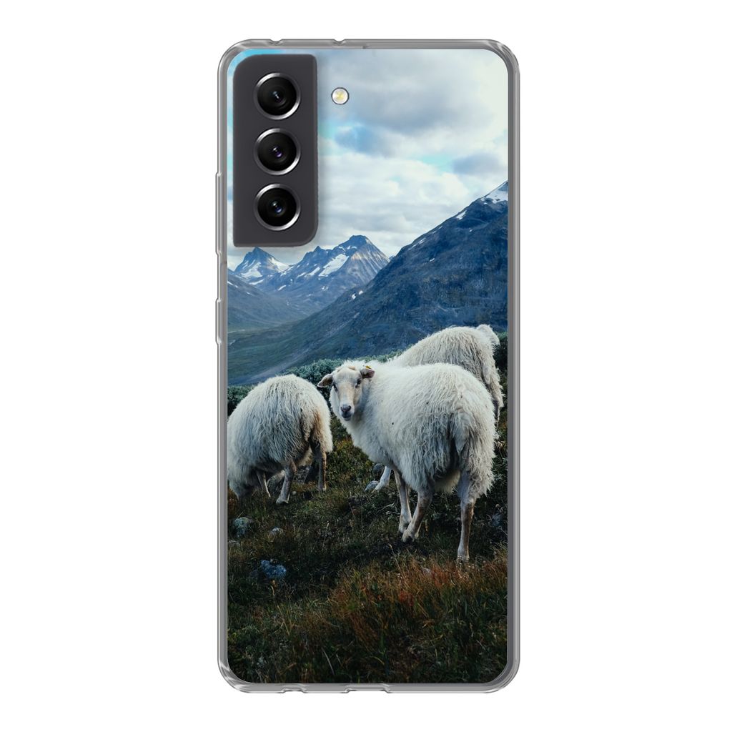 MuchoWow Handyhülle Schutzhülle Hülle für Samsung Galaxy S21 FE Schafe - Natur - Berge Silikon Softcase Handy Hülle - Mobiltelefonhülle