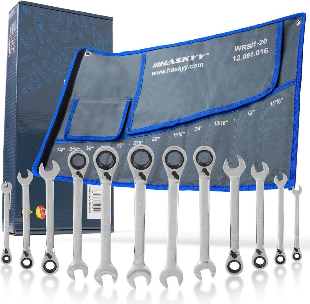 HASKYY 12tlg-Zoll-Maul-Ring-Ratschenschlüssel Satz Set 1/4"-15/16" gewinkelt R/L