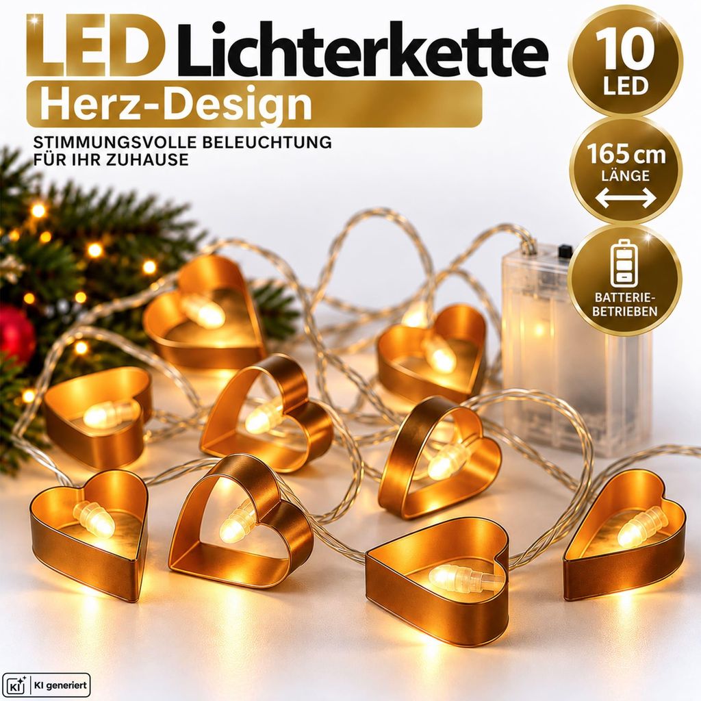 LED Lichterkette Herzen 10 LED 165cm Kupfer Warmweiß Produktbild 