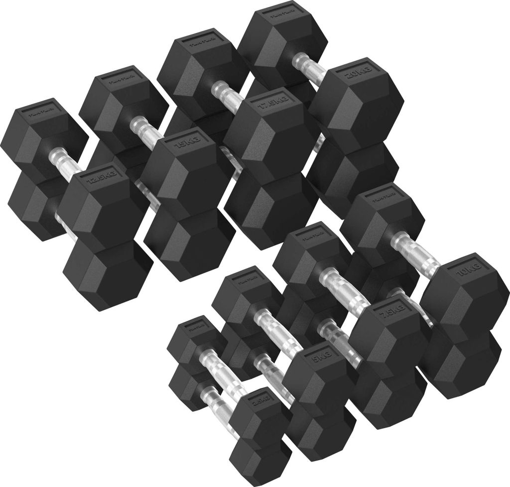Tunturi Platinum Hexa Gummi-Hantelsets – (8 Sets – 2,5 bis 20 kg) – Schwarz