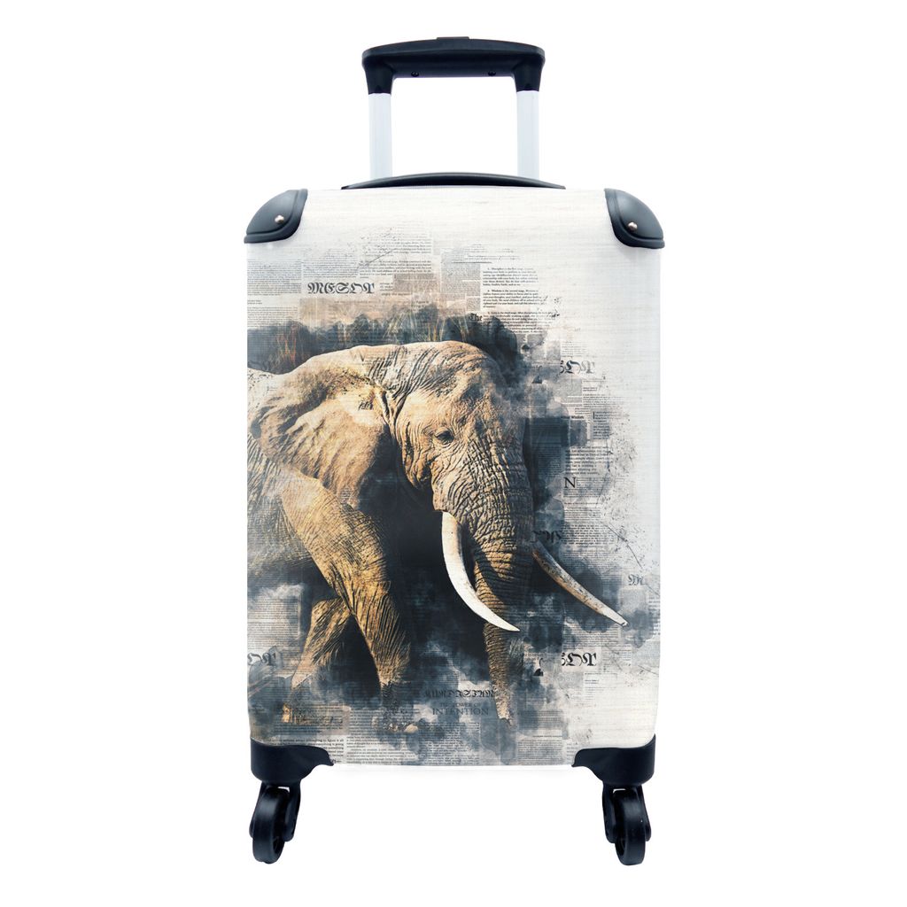 MuchoWow Koffer Handgepäck Trolley Rollkoffer Kleine Reisekoffer mit 4 Rollen - Elefant - Farbe - Zeitungspapier - Cabin Size < 55x40x23 cm & 55...