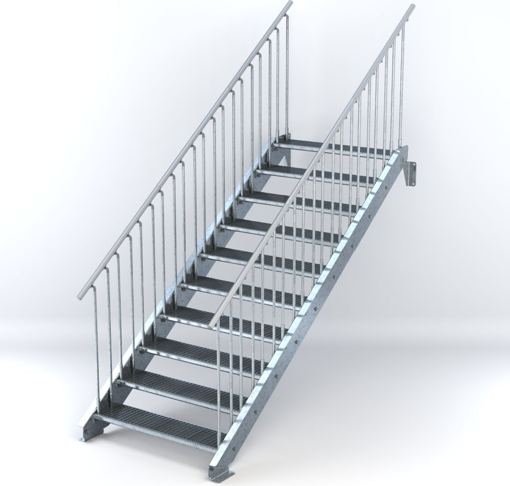 Stahltreppe 10 Stufen bis Höhe 200 cm, Laufbreite : 110 cm beidseitiges Geländer ST 2 (31 / 31 mm gezackt)