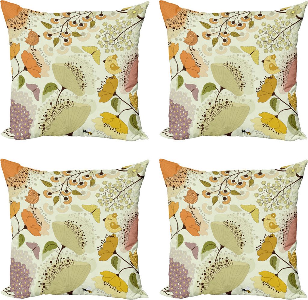 ABAKUHAUS Garten-Kunst Kissenbezug Set (4 Stück), Blumen Vögel Schmetterling, Moderner Doppelseitiger Digitaldruck, 40 cm x 40 cm, Mehrfarbig